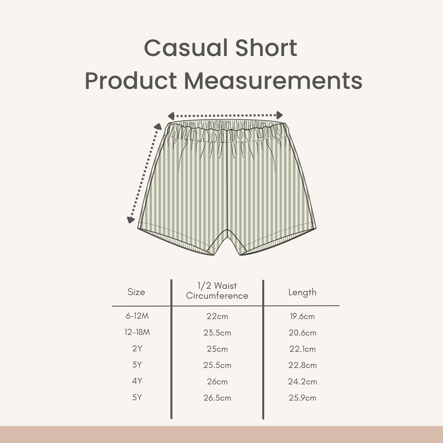 Product Measurements for pull on Casual Short in sage green and white stripe