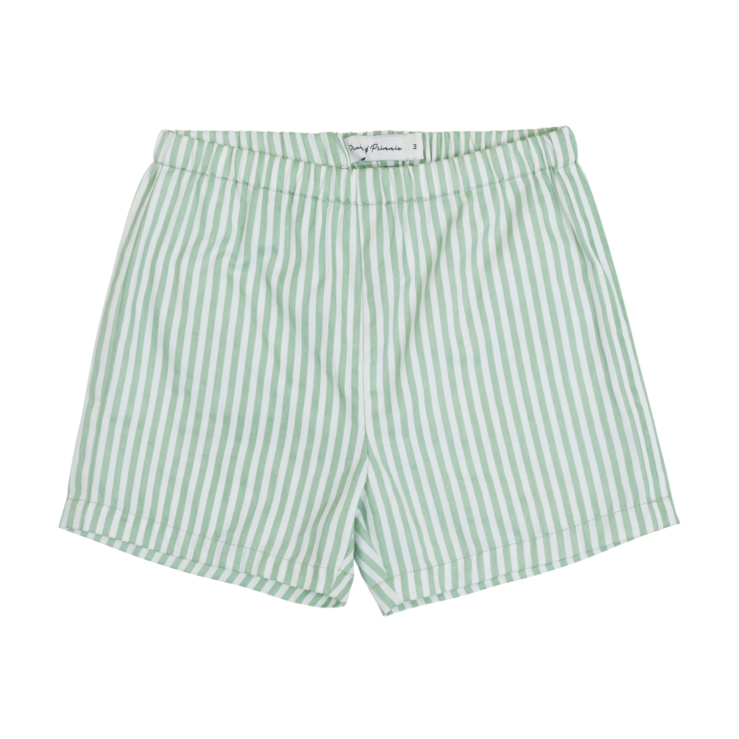 Front details of sage green and milk white stipe Casual Short in a pull on style