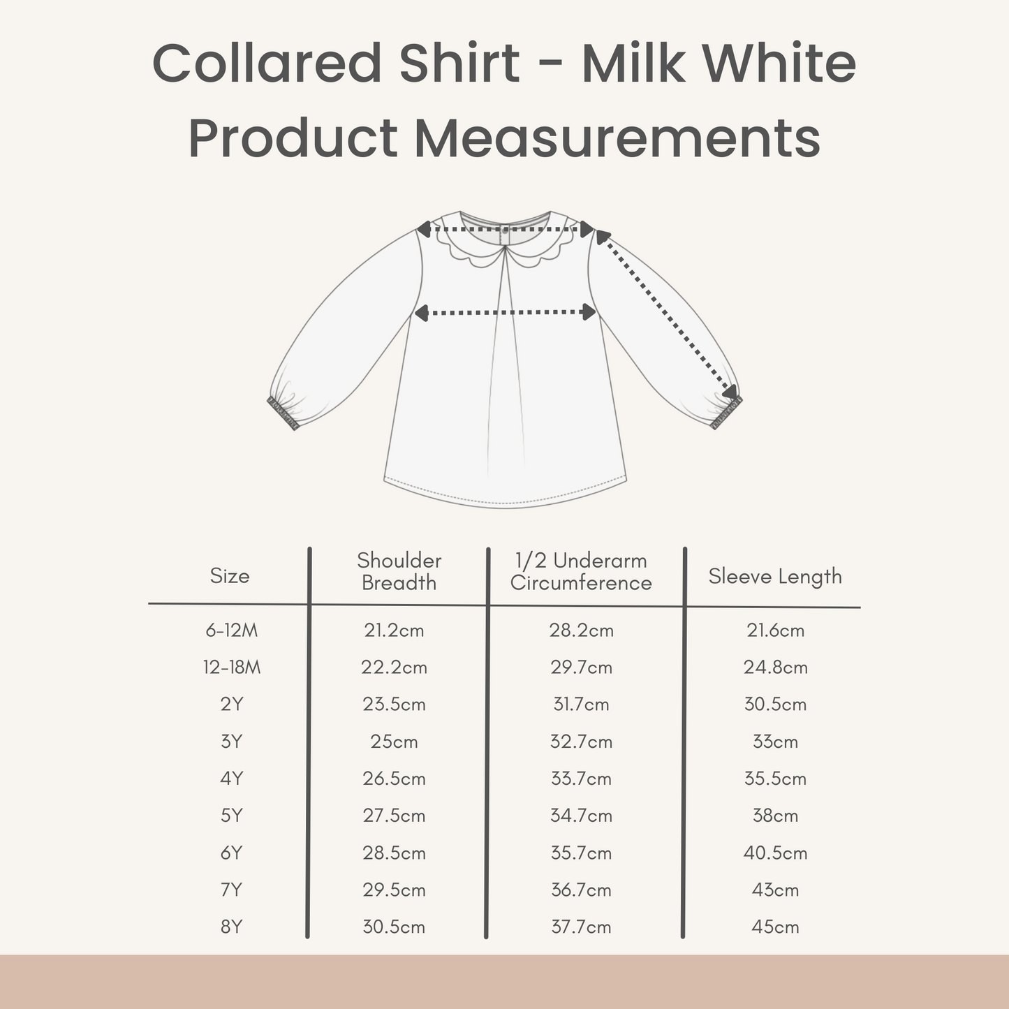 Product Measurements for our Collared Shirt in Milk White