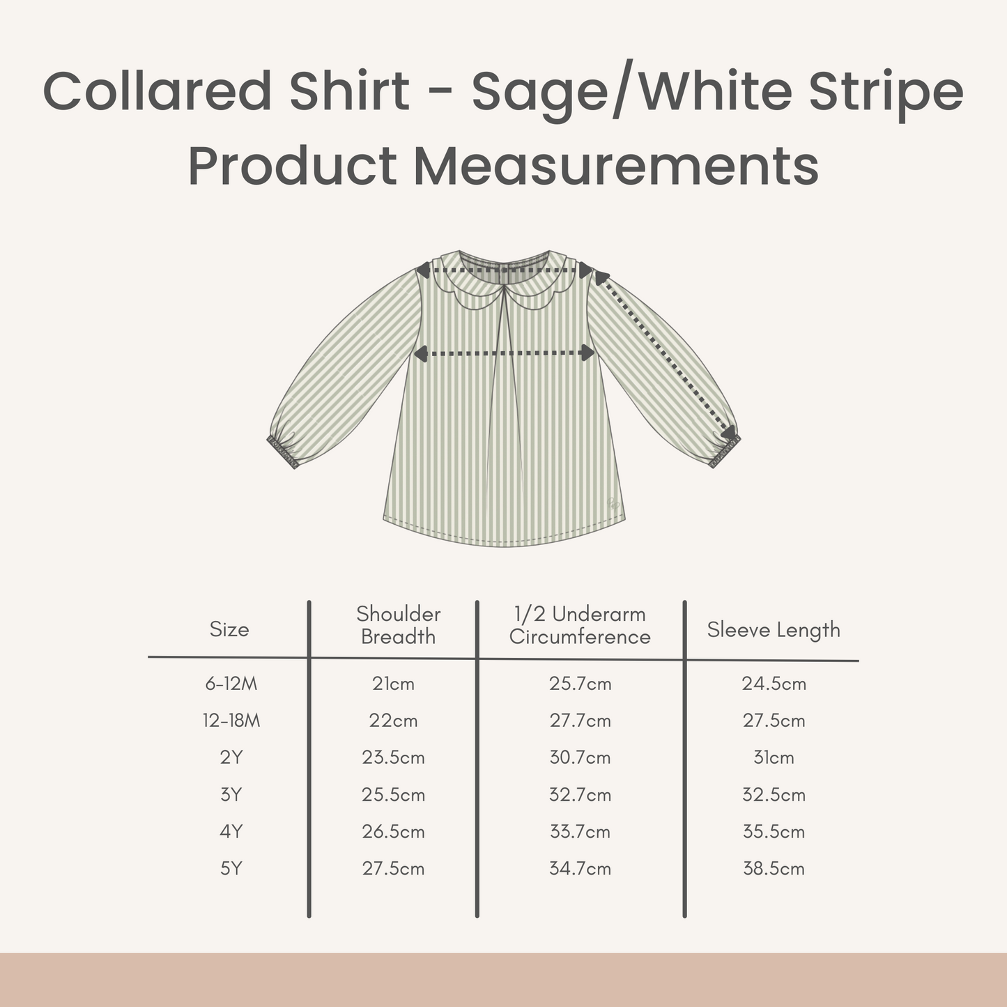 Product Sizing Measurements for Collared Shirt in Sage and White Stripe
