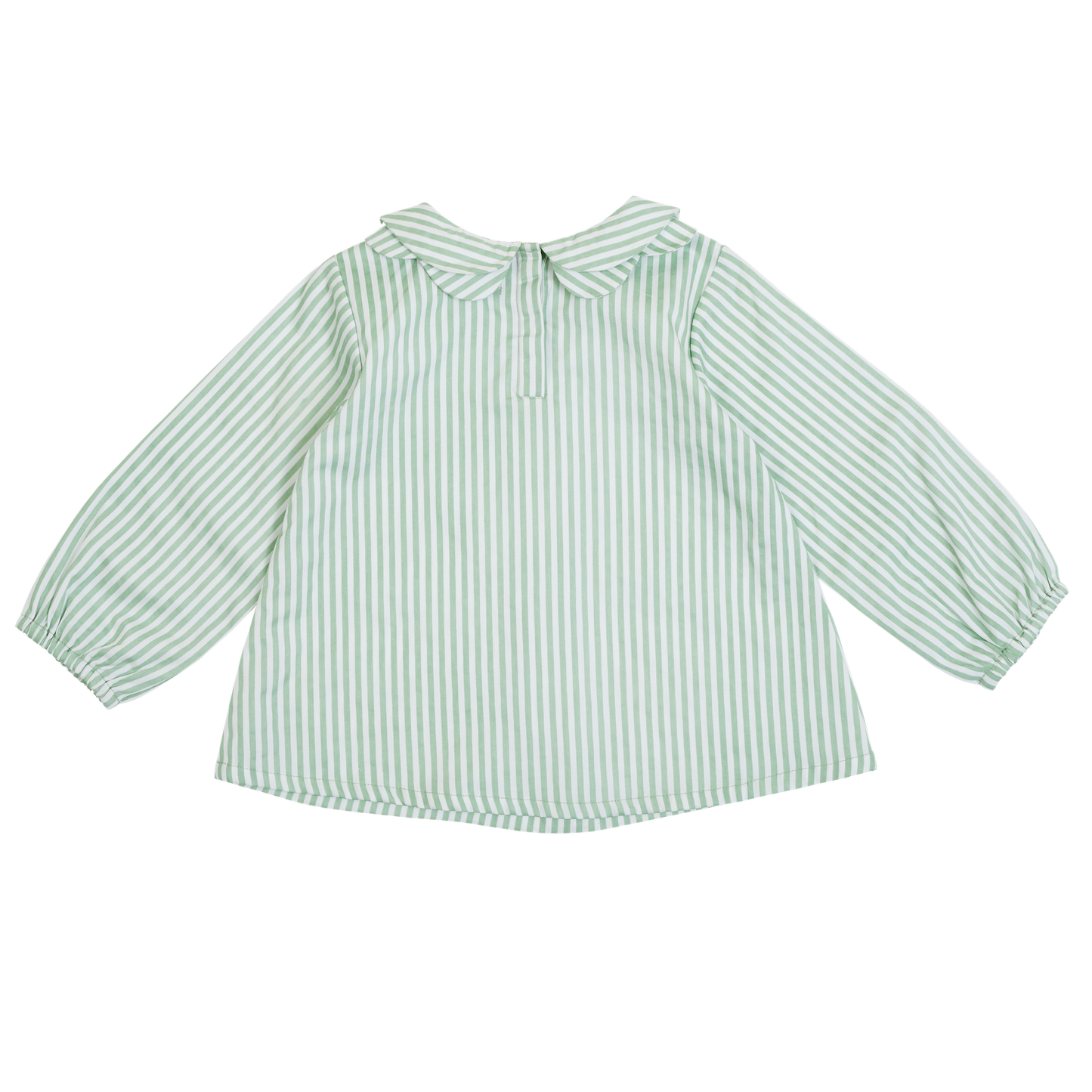 Back view of collared shirt in sage and white stripe