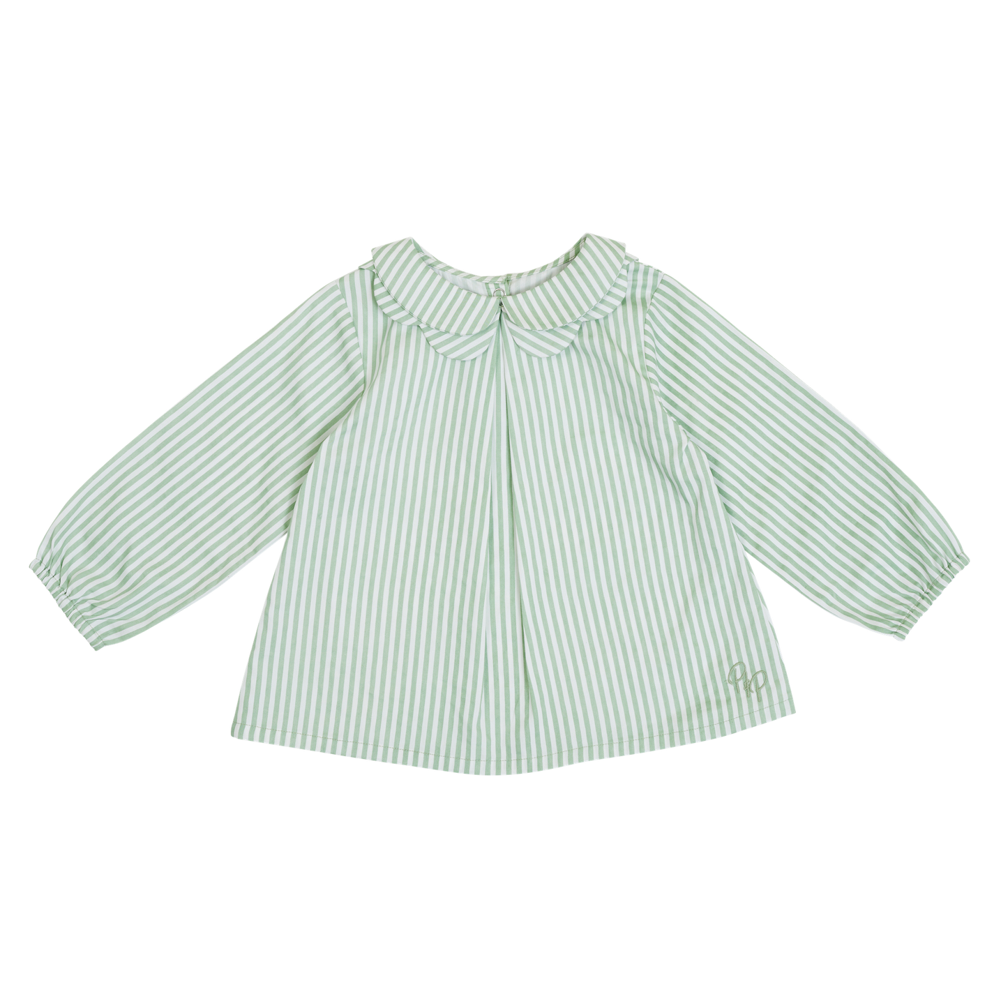 Flat lay of collared shirt in sage and white stripe