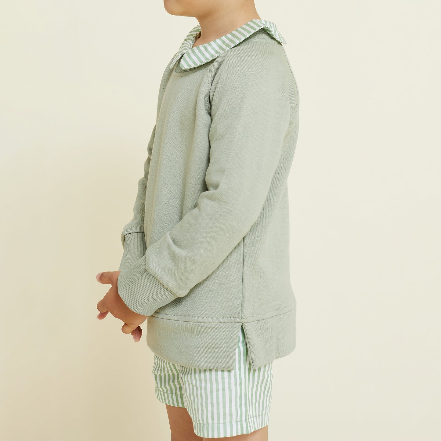 Close up image of 5 year old boy wearing sage green sweatshirt, paired with striped shirt and matching shorts
