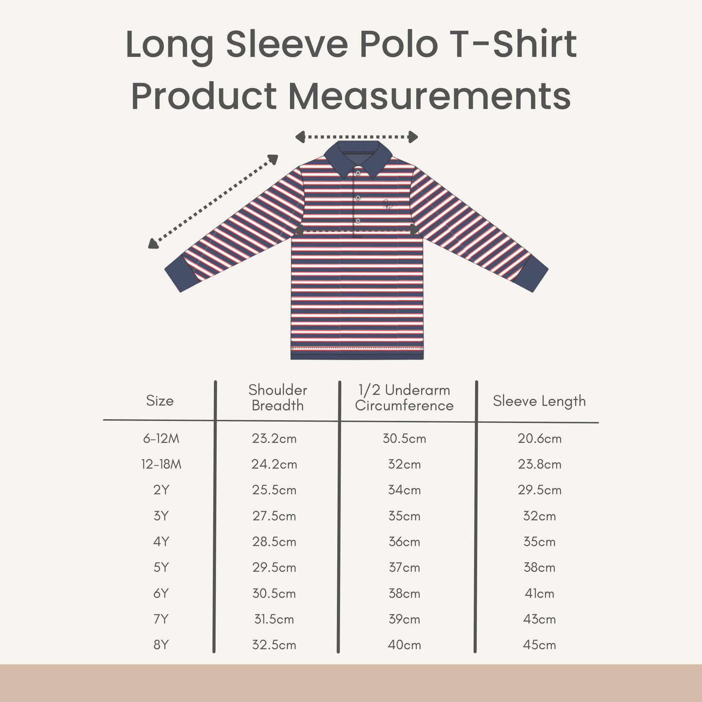 Product Measurements for our Long Sleeve Polo T-Shirt in navy, red and white stripe.