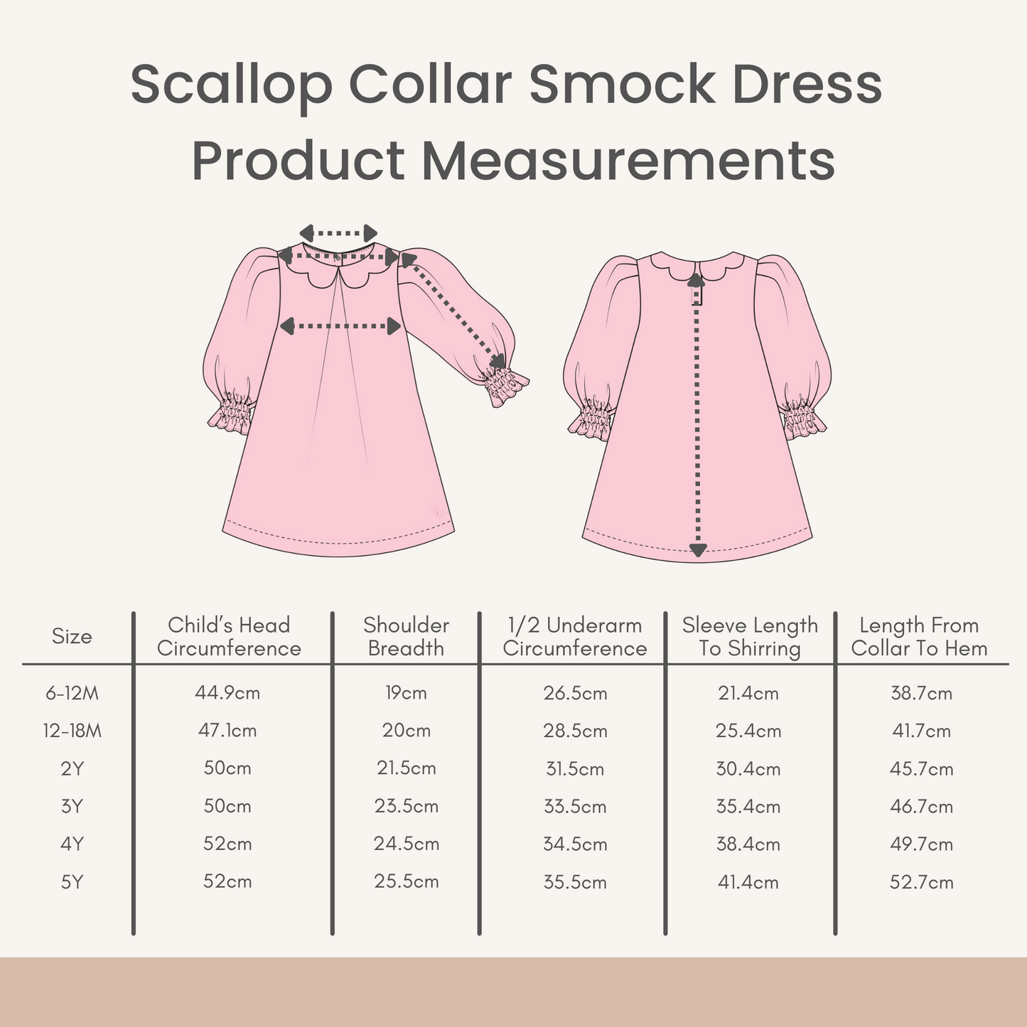 Product Measurements for our pink Scallop Collar Smock Dress - 100% cotton for baby girls to 8 years old.