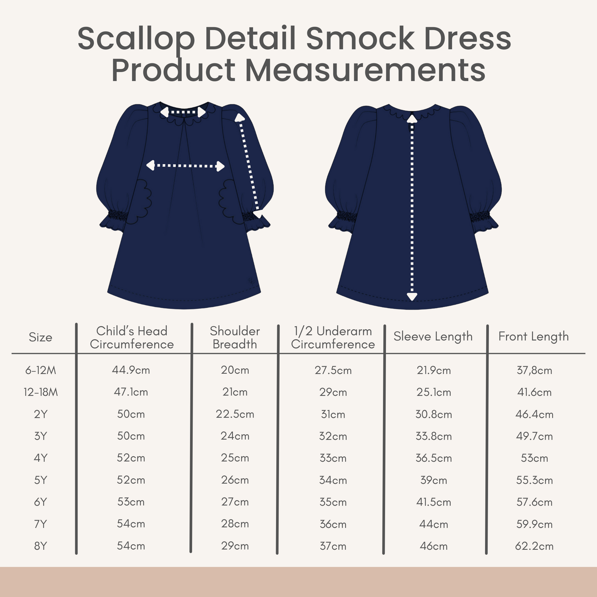 Product Measurements for our Scallop Detail Smock Dress in Navy Blue