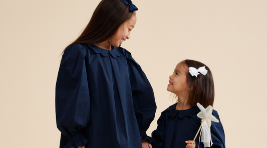 Prudie and Primmie Scallop Detail Smock Dress in cotton satin, showing smocked bodice and scallop collar detail