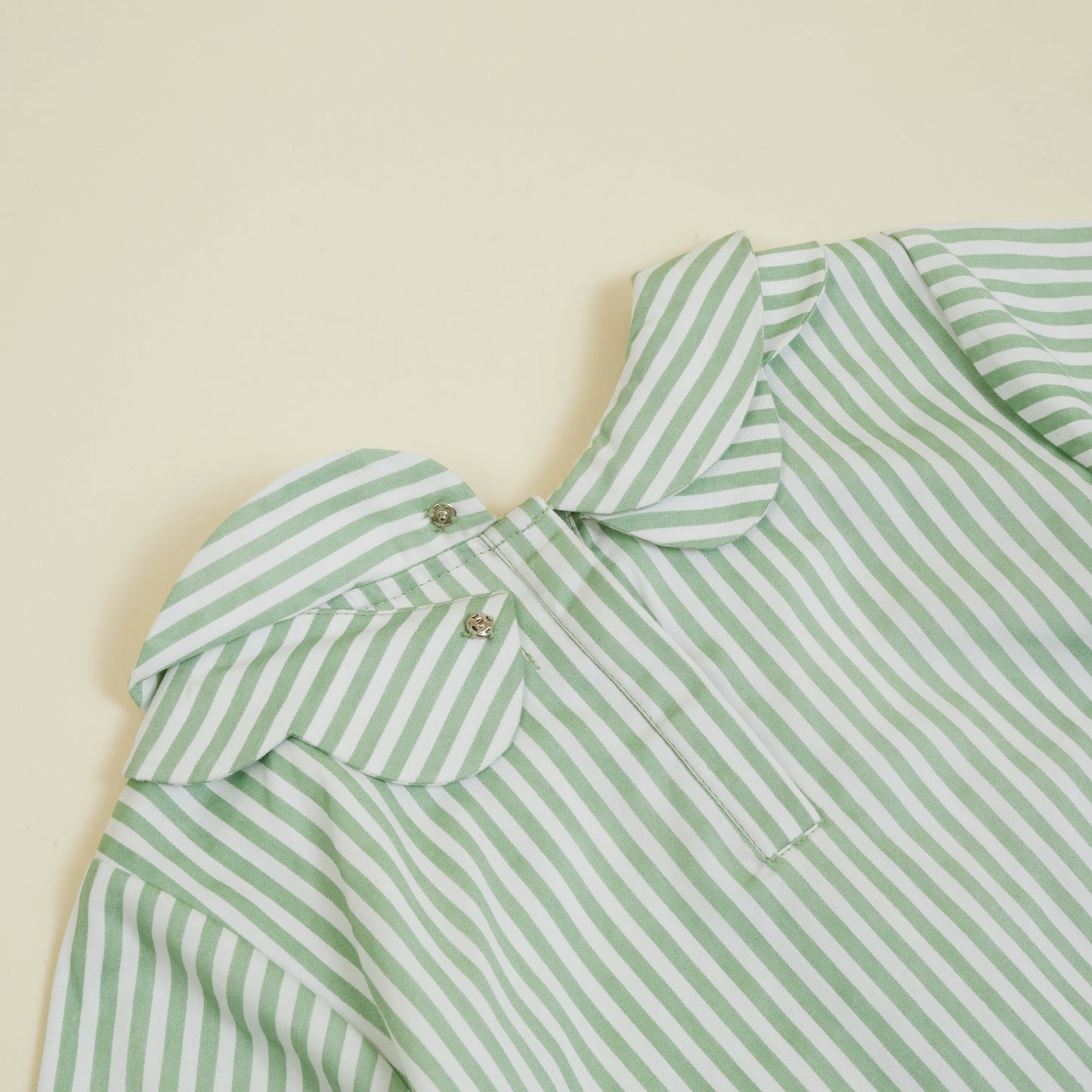 Collared Shirt Button Collar sage and white stripe frill underlay detail