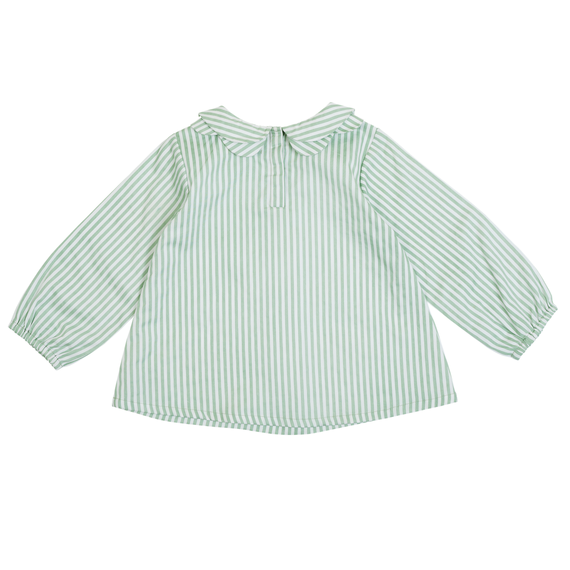 Back view of collared shirt in sage and white stripe