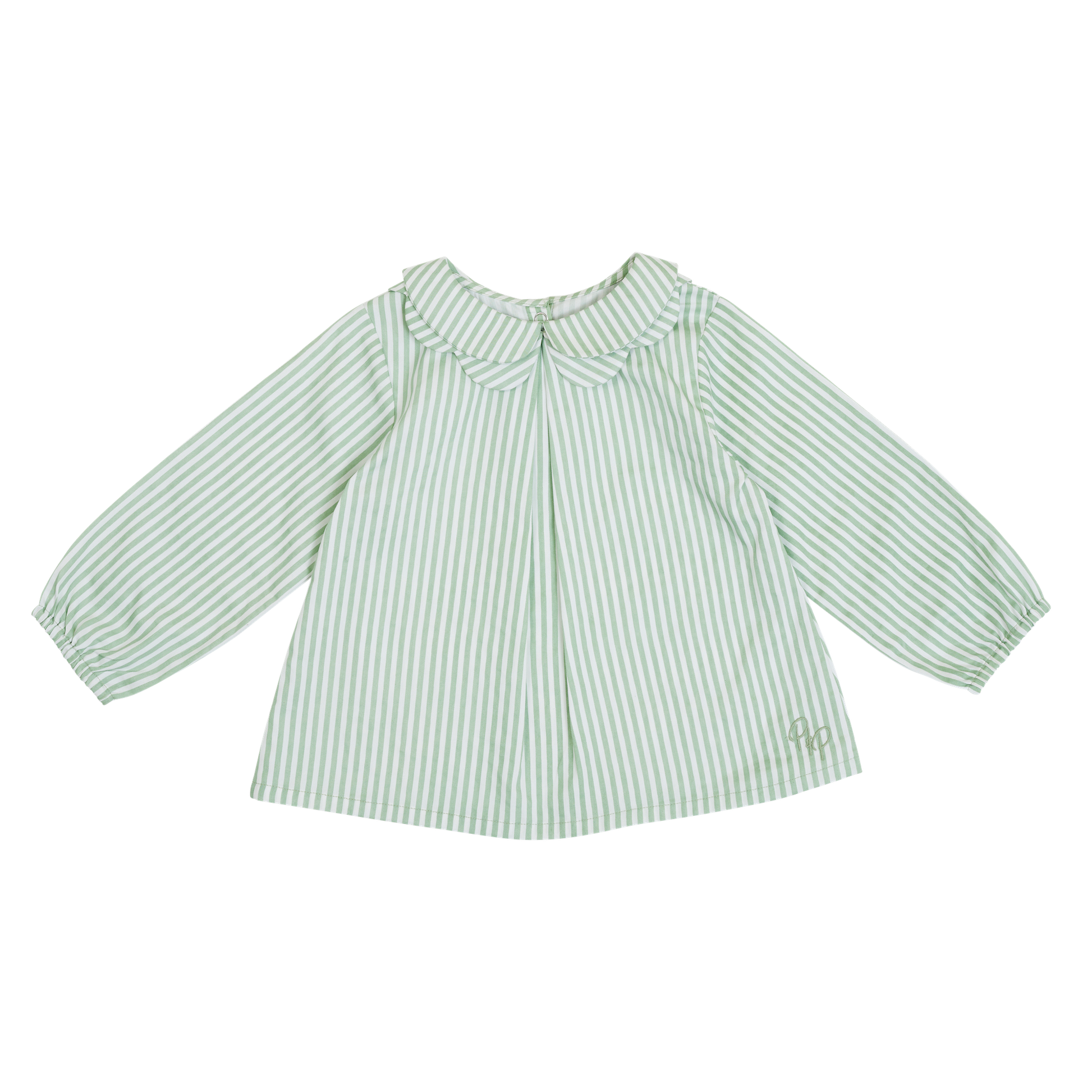 Flat lay of collared shirt in sage and white stripe