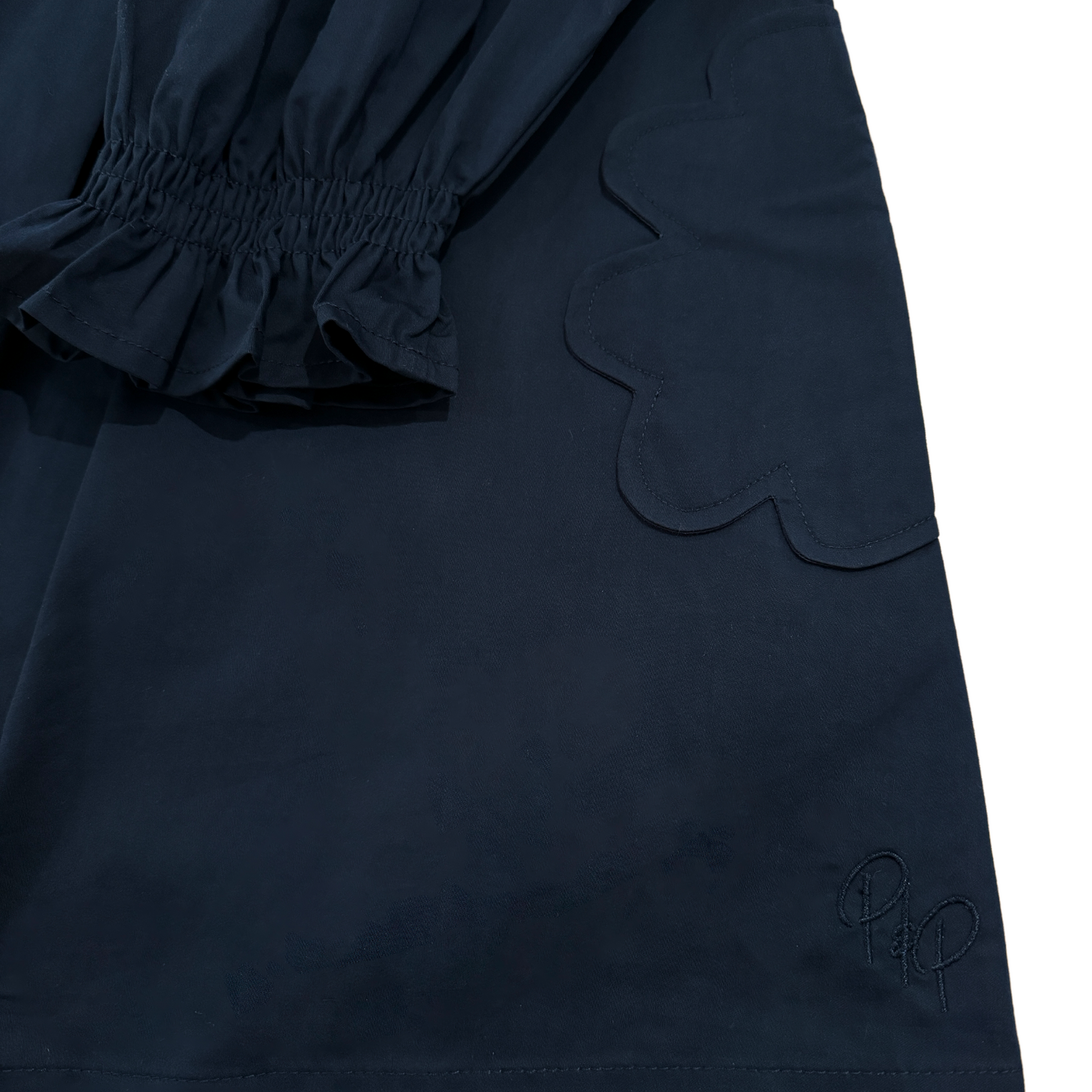 Pocket and Sleeve Details of our Scallop Detail Smock Dress in Navy