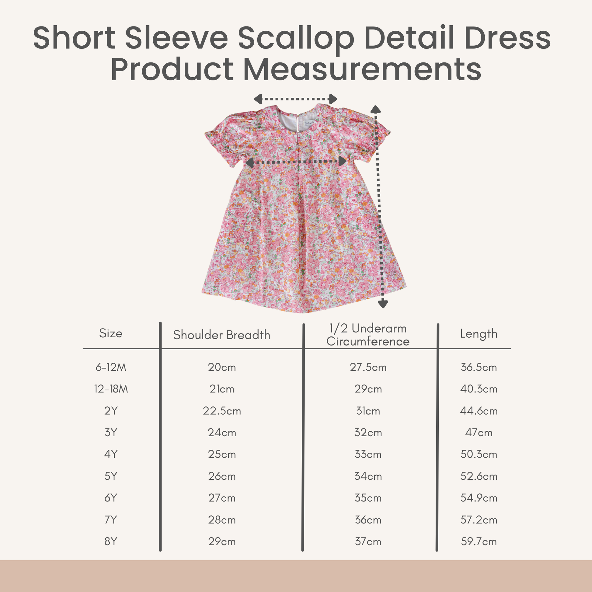 Product measurement chart for a short sleeve scallop detail dress, showing a centered dress illustration with measurement arrows and a size table listing shoulder breadth, half underarm circumference, and length by age group and size.