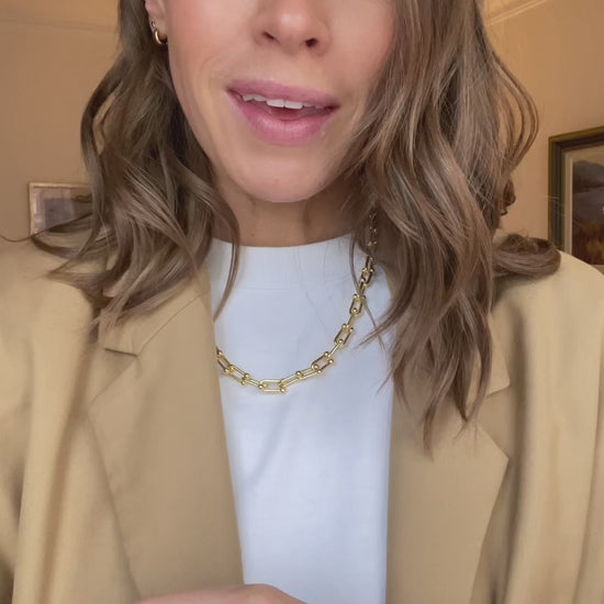 Kate describes how you can shorten the gold chain link necklace by removing some of the links
